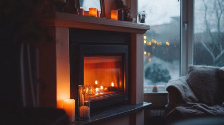 A cozy living room featuring a glowing fireplace surrounded by candles, creating a warm and inviting atmosphere perfect for a winter retreat.の素材