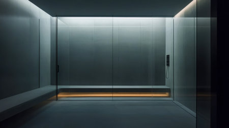 This image showcases a minimalist interior of a modern glass room, featuring sleek lines, elegant lighting, and a serene ambiance, perfect for design inspiration.の素材