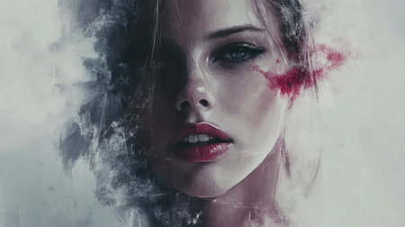 Captivating portrait of a woman with an ethereal feel, blending artistic elements and bold colors to create a dreamlike atmosphere.の素材