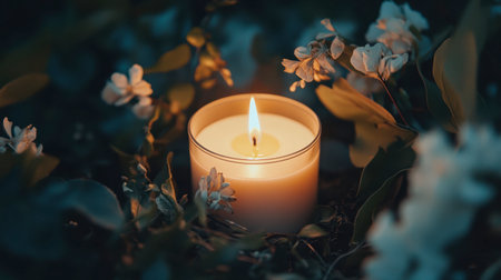 A tranquil candle illuminated amidst delicate white flowers, creating a serene ambiance perfect for relaxation and meditation in any setting.の素材
