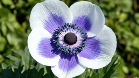 A stunning close-up of an anemone flower displaying vibrant purple and white petals. Perfect for nature, garden, or floral-themed projects.の素材
