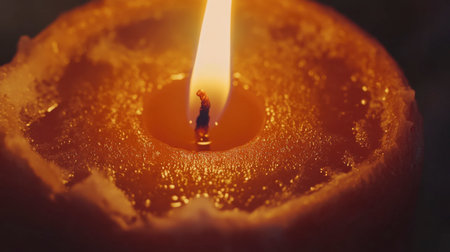 A close-up of a flickering candle flame, casting warm light and creating a serene atmosphere. Ideal for themes of relaxation, spirituality, and cozy moments.の素材