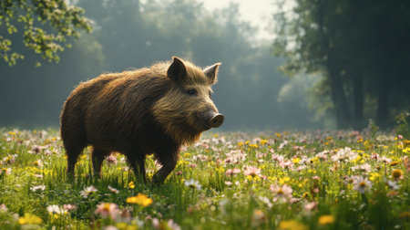 A wild boar roams through a vibrant flowering meadow during sunrise. The scene captures the beauty of nature, showcasing the animal's tranquility amidst colorful flora.の素材