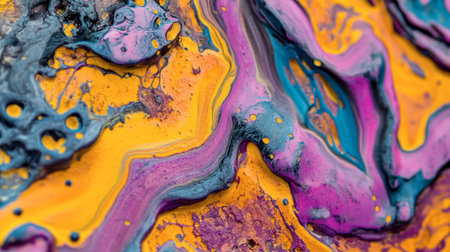This colorful abstract image features vibrant swirls of paint, showcasing a dynamic texture with rich purple and yellow hues. Ideal for artistic projects.の素材