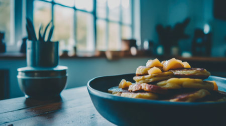 A delightful stack of sliced fruits served on a rustic dark plate, set in a cozy kitchen. Perfect for healthy meals, snacks, or desserts.の素材