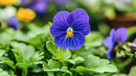 Close-up of a beautiful purple flower surrounded by green leaves, showcasing vibrant colors and delicate petals, perfect for nature-themed projects.の素材