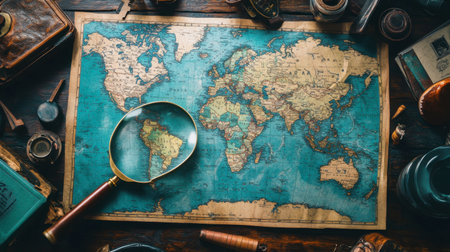 A vintage world map displayed with a magnifying glass, surrounded by various exploration artifacts, inviting adventure and discovery in a historical context.の素材