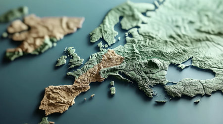This detailed topographic map showcases the stunning relief of the Scandinavia region, highlighting islands and landscapes in an artistic manner.の素材