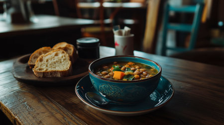 A cozy bowl of vegetable soup served with fresh bread on a wooden table, perfect for a comforting meal in a warm and inviting setting.の素材