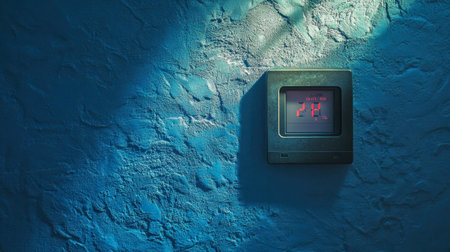 A modern digital thermostat displayed on a textured blue wall, showcasing temperature readings. Ideal for concepts of comfort, technology, and home automation.の素材