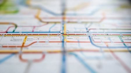 A soft focus image of a colorful city transit map showing various routes and lines. Ideal for themes of urban travel, navigation, and transportation design.の素材