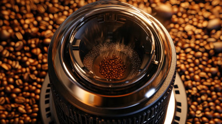 An intricate close-up view of coffee beans inside a grinder, highlighting the rich textures and shiny metal surface. Perfect for coffee enthusiasts and culinary art.の素材
