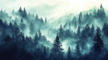 A captivating misty forest landscape showcasing tall pine trees shrouded in fog. The serene atmosphere evokes a sense of tranquility and mystery.の素材