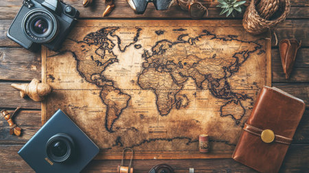 An artistic flatlay featuring a vintage world map, cameras, and travel accessories, perfect for inspired travel planning and adventure-themed projects.の素材