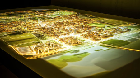 A stunning illuminated city model showcasing urban planning, with intricate lights highlighting buildings and roads, perfect for visualizing future developments.の素材