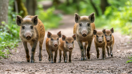 A family of wild boars walks down a forest path, showcasing the beauty of nature. The scene captures the bond between the animals amidst a lush green backdrop.の素材