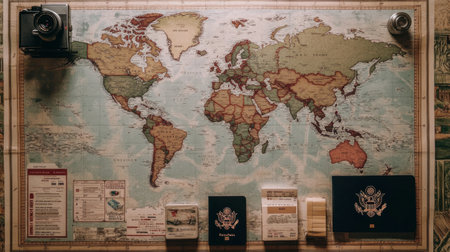 A vintage world map paired with travel essentials like passports and a camera. Ideal for showcasing adventure, exploration, and wanderlust themes.の素材