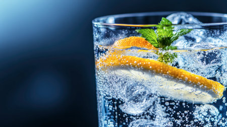 This stunning image showcases a refreshing glass of sparkling water garnished with lemon and mint, capturing the essence of hydration and summer vibes.の素材