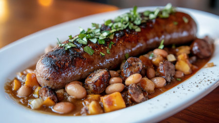 A beautifully presented grilled sausage dish, featuring tender beans and vegetables, garnished with fresh herbs, perfect for any culinary occasion.の素材