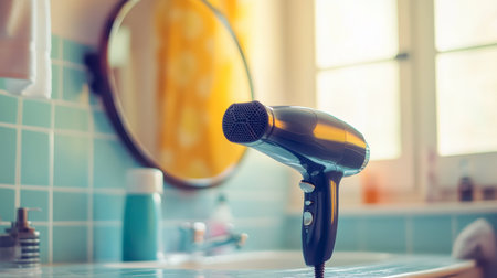A sleek hair dryer placed on a bathroom counter, reflecting in a round mirror. The scene illustrates a modern and stylish grooming routine in a bright, airy space.の素材