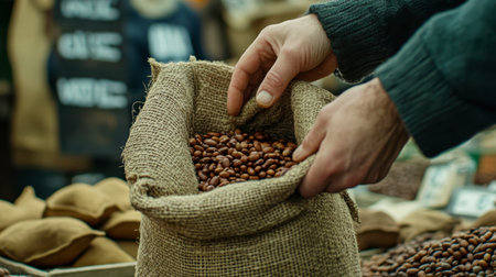 A close-up of hands holding a burlap sack filled with brown nuts at a market. The warm, natural setting captures the essence of local produce and artisan trade.の素材