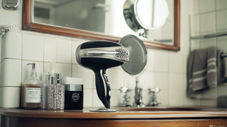 A stylish hair dryer placed on a wooden countertop in a modern bathroom. The elegant setup features toiletries and a mirror, showcasing minimalistic design.の素材