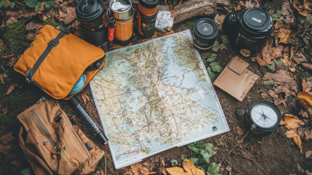 Explore the great outdoors with this captivating image of a detailed map surrounded by camping gear, perfect for adventure planning and navigation.の素材