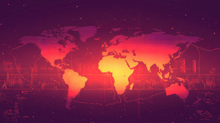 A vibrant abstract world map featuring digital elements and warm colors. This artwork combines modern design with global concepts, perfect for creative projects.の素材