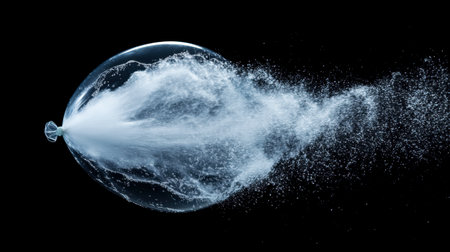Captivating image of a water balloon bursting, creating an explosion of liquid droplets against a black background, capturing motion and energy.の素材