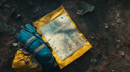A colorful backpack rests on the ground beside a detailed map, representing adventure and exploration in the great outdoors. Perfect for travel themes.の素材