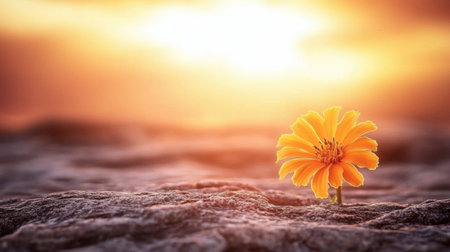 A vivid orange flower stands alone against a stunning sunset backdrop, illuminating the peace of nature. This image captures beauty and tranquility in the outdoors.の素材