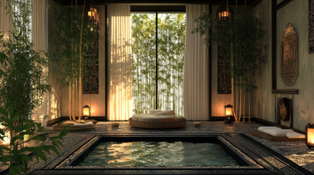 Experience a tranquil spa oasis with bamboo and serene water features. This peaceful interior exudes relaxation and harmony, perfect for wellness retreats.の素材