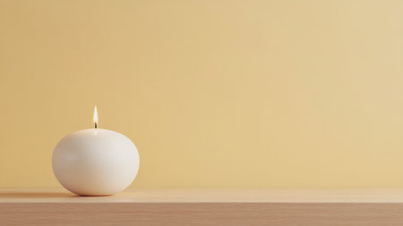 A minimalistic white candle emits a gentle flame against a soft yellow backdrop, creating a serene and peaceful atmosphere, perfect for any decor.の素材