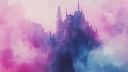 A mesmerizing castle rises above colorful clouds, creating a dreamy and mystical atmosphere. Ideal for fantasy themes, illustrations, and artistic backgrounds.の素材