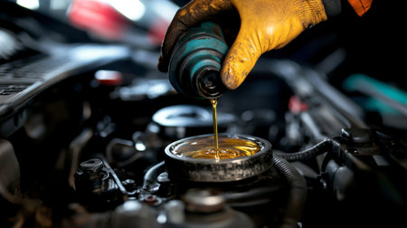 A close-up view of a mechanic pouring oil into a car engine. The technician wears a protective glove, focusing on proper maintenance for automotive performance.の素材