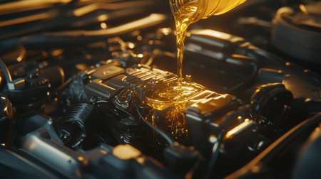 A close-up view of bright engine oil being poured into a car engine, showcasing the importance of lubrication in automotive maintenance and performance.の素材