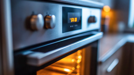A sleek modern kitchen oven featuring a digital display, perfect for culinary enthusiasts. The image captures the warmth and functionality of home cooking.の素材