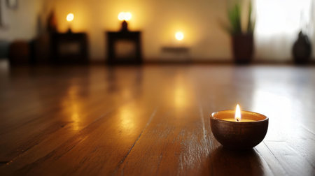 A serene setting featuring a lit candle on a wooden floor, radiating warmth and tranquility. Perfect for themes of relaxation, meditation, and interior design.の素材