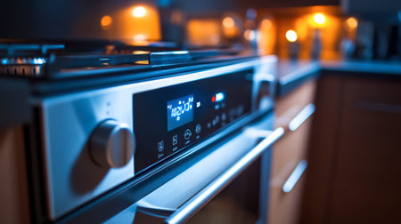 This image showcases a sleek modern kitchen with a sophisticated oven, illuminated by warm light in the evening. Perfect for design inspiration and culinary imagery.の素材