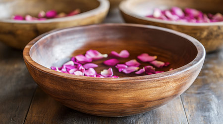 A serene wooden bowl filled with rose petals floating in water, creating a tranquil atmosphere. Perfect for spa, relaxation, or decorative themes.の素材