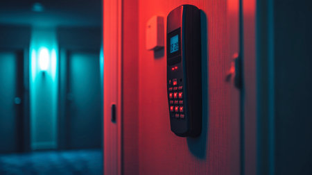 A close-up of a hotel room doorphone in a dimly lit hallway, showcasing modern security technology with a vibrant red and blue light ambiance. Ideal for travel themes.の素材