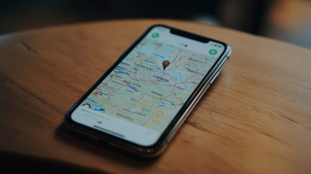 A close-up view of a smartphone displaying a map interface on a wooden surface. This image captures the essence of modern navigation and travel planning.の素材