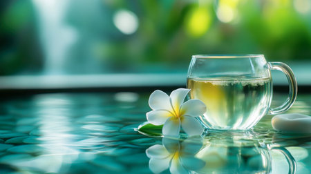 Enjoy a serene moment with a glass of tea beside a delicate flower on a tranquil water surface, creating a peaceful atmosphere perfect for relaxation.の素材