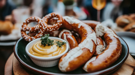 A beautiful arrangement of soft pretzels served with creamy mustard sauce, perfect for sharing at gatherings or as a delightful snack option.の素材