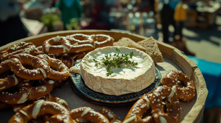A rustic display featuring freshly baked pretzels and creamy cheese garnished with herbs, perfect for a market or picnic setting. A delightful treat!の素材