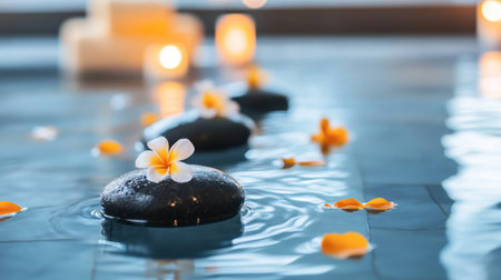A serene spa scene featuring smooth stones, gentle water, and vibrant flowers. Perfect for themes of relaxation, wellness, and peaceful environments.の素材