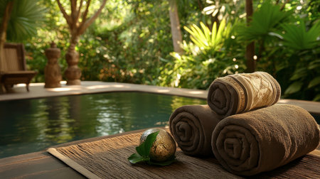 A peaceful spa setting featuring neatly rolled towels beside a tranquil pool, surrounded by lush greenery, creating an atmosphere of relaxation and wellness.の素材