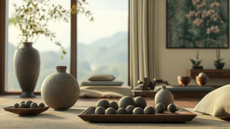 An inviting zen interior featuring decorative stones, pottery, and natural elements. Perfect for conveying tranquility and modern design in home decor.の素材