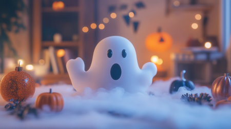 A charming Halloween ghost figurine emerges from fog, surrounded by colorful pumpkins and festive decorations, creating a cozy and playful autumn atmosphere.の素材