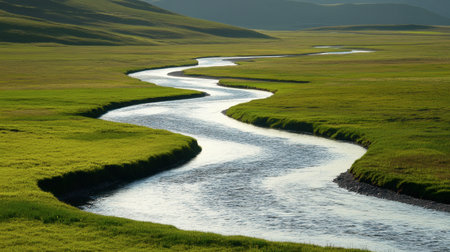 A picturesque river meanders through a vibrant green landscape, embodying tranquility and natural beauty. Perfect for nature and travel themes.の素材